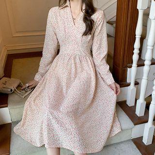 Long-sleeve Collared Floral Print Midi A-line Skirt