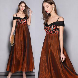 Off-shoulder Floral Embroidered High Waist Evening Gown