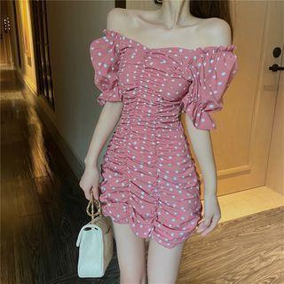 Short-sleeve Dotted Crinkled Mini Sheath Dress