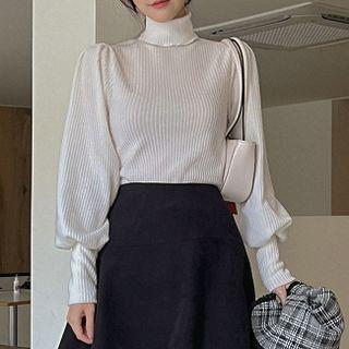 Turtle-neck Mutton-sleeve Corduroy Top