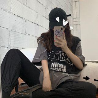 Stitched Panel Short-sleeve T-shirt / Lettering Sleeveless Cropped Top