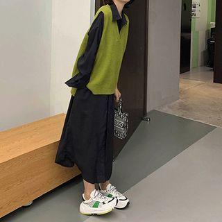 Long-sleeve A-line Midi Shirtdress / Knit Vest / Set