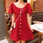 Short-sleeve Heart Patterned Ruffled A-line Mini Dress Red - One Size