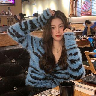V-neck Drawstring Striped Cropped Sweater