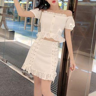 Set: Short-sleeve Blouse + Lace Up Mini Fitted Skirt