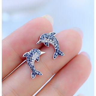925 Sterling Silver Rhinestone Dolphin Earring 1 Pair - Dark Blue - One Size