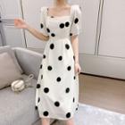 Contrast Trim Tie Waist Polka Dot Chiffon Dress