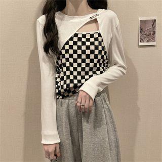 Long-sleeve Checkerboard Panel Cutout T-shirt