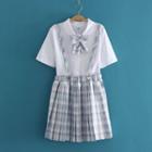 Set: Bow-detail Short-sleeve Shirt + Pleated Gingham Mini Skirt