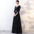 Fringed Trim 3/4-sleeve Evening Gown