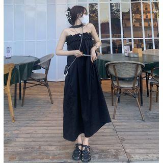 Plain A-line Halter Tube Dress Black - One Size
