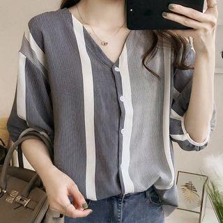 Balloon-sleeve Stripe Panel Blouse