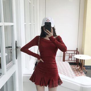 Long-sleeve Mini Mermaid Dress Wine Red - One Size
