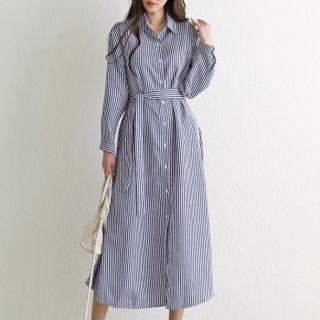 Tab-sleeve Stripe Long Shirtdress With Sash