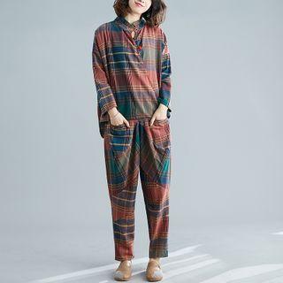 Set: Long-sleeve Plaid Mandarin-neck Top + Harem Pants