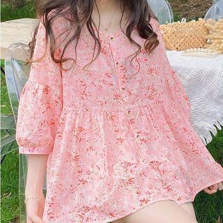 Elbow-sleeve Floral Loose Fit Top