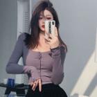 Long-sleeve Scoop-neck Frill Trim Top