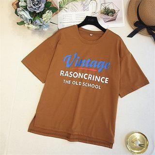 Lettering Print Asymmetric Crewneck Short-sleeve Top