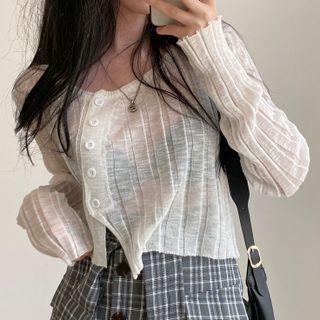 Long-sleeve Button-up Sheer Knit Top