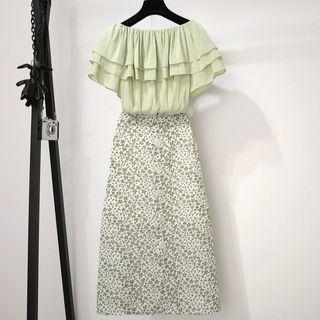 Set : Ruffle Top + Floral Midi Skirt
