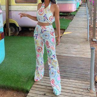 Halter Print Tank Top / High-waist Straight-leg Pants