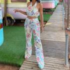 Halter Print Tank Top / High-waist Straight-leg Pants