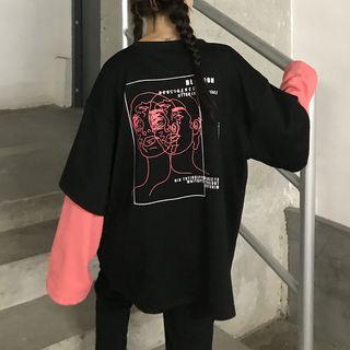 Mock Two-piece Printed Long-sleeve T-shirt Black - One Size