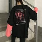 Mock Two-piece Printed Long-sleeve T-shirt Black - One Size