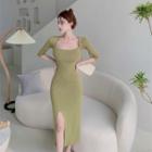 3/4-sleeve Square-neck Knit Midi Sheath Dress Green - One Size