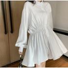 Balloon-sleeve Shirred Mini A-line Shirtdress