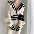 Long-sleeve V-neck Double Breasted Striped Cardigan
