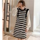 Long-sleeve Striped Mini Knit Dress Stripes - Black - One Size