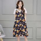 Set: Plain Short-sleeve T-shirt + Floral Print Midi Dress