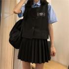 Short-sleeve Shirt / Pleated Mini A-line Skirt / Buttoned Vest