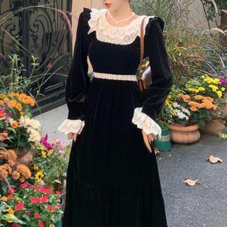 Round-neck Lace Trim Long-sleeve Dress