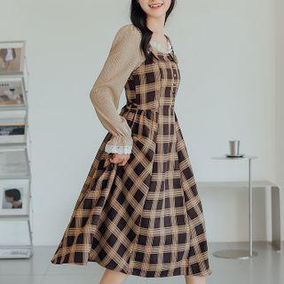Set: Frill Trim Blouse + Plaid Midi Overall Dress