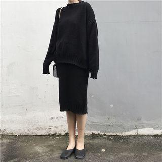 Set: Plain Sweater + Midi Straight-cut Knit Skirt