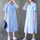 Short-sleeve Striped Loose-fit Shirtdress Blue - One Size