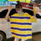 Elbow-sleeve Striped Lettering T-shirt Yellow - One Size