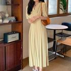 Collared Elbow-sleeve Accordion Pleat Maxi A-line Dress Yellow - One Size