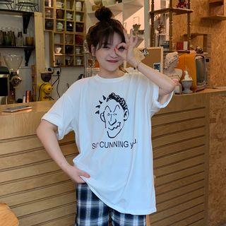 Elbow-sleeve Cartoon Printed T-shirt White - One Size