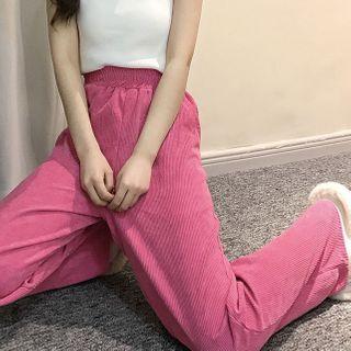 Band-waist Corduroy Wide-leg Pants Rose Pink - One Size