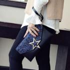 Faux-leather Sequined Panel Clutch