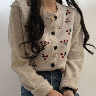 Cherry Print Open-placket Button Sweater