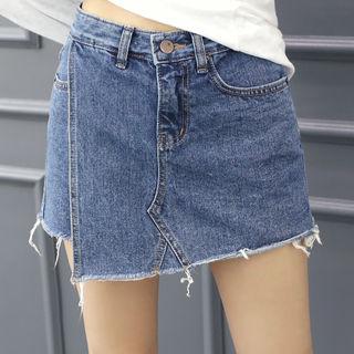 Fray-hem Washed Denim Skort