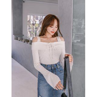 Off-shoulder Lace-up Slit-cuff Top