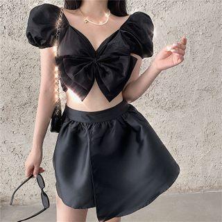 Puff-sleeve Bow Crop Top / A-line Mini Skort