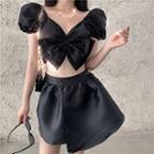 Puff-sleeve Bow Crop Top / A-line Mini Skort