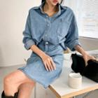 Denim Set: Shirt + A-line Skirt Blue - One Size