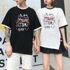 Couple Matching Mock Two-piece Elbow-sleeve Printed T-shirt